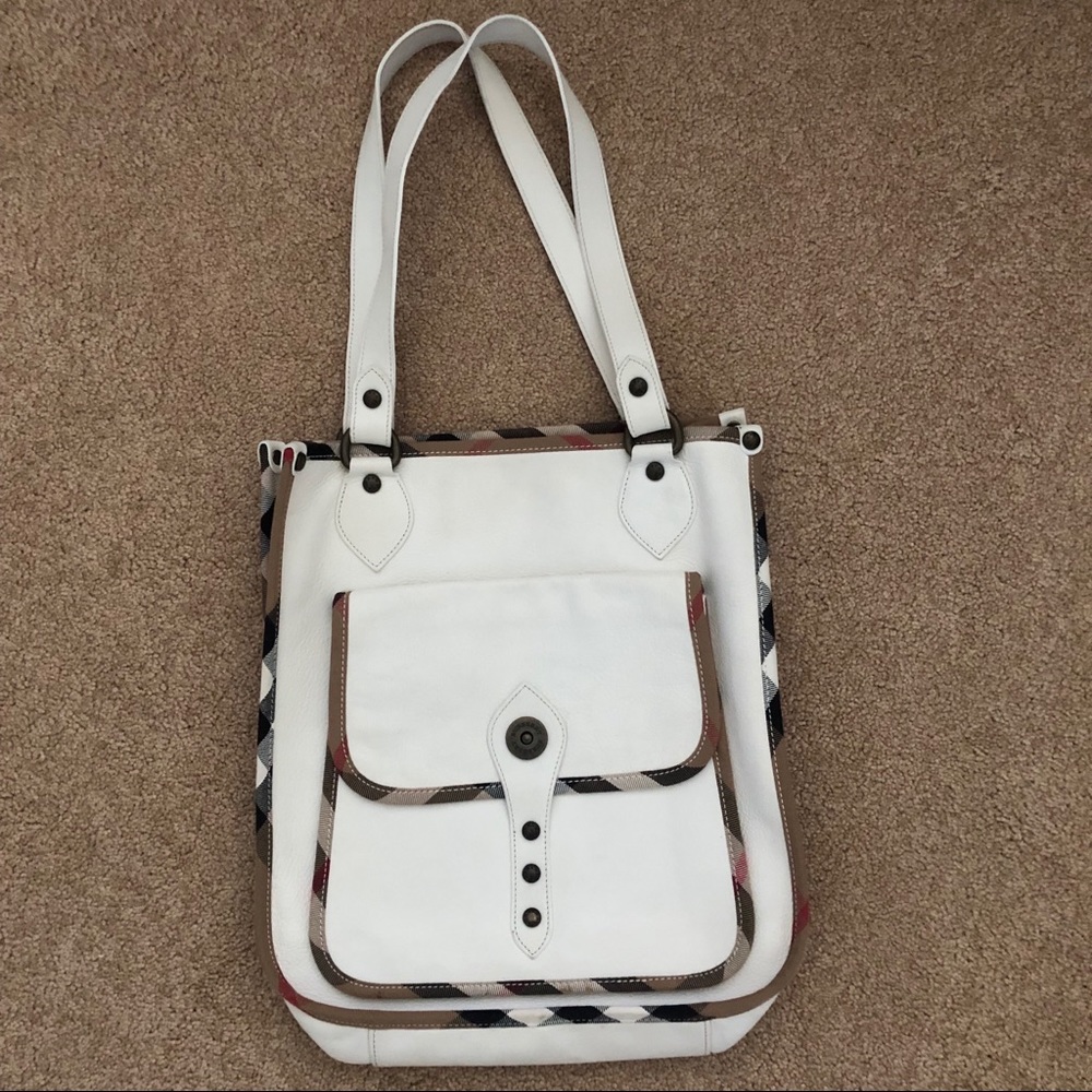 Burberry white leather tote with plaid trim w/ bag